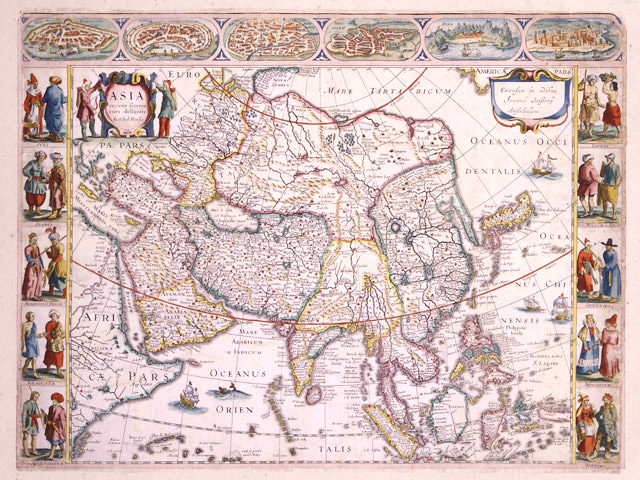 ホンディウス　アジア図および都市・民族図：歴史資料　１枚