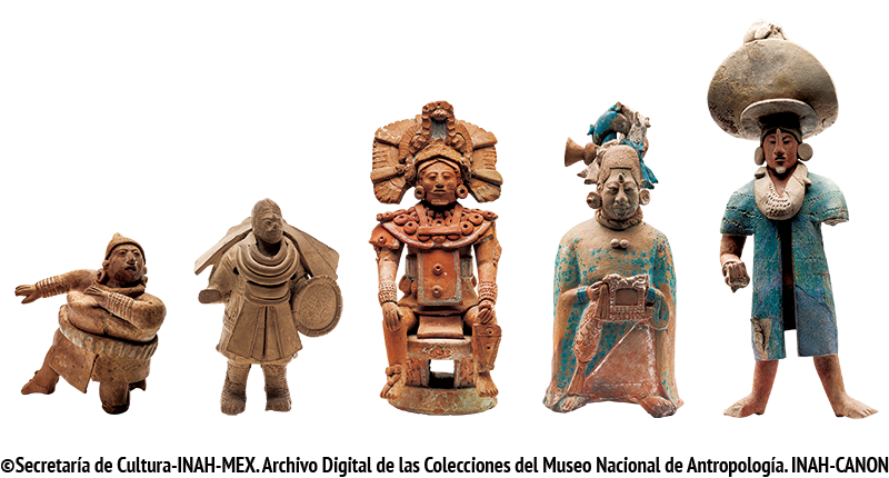 （左から）球技をする人の土偶、戦士の土偶、支配者層の土偶、貴婦人の土偶、貴人の土偶