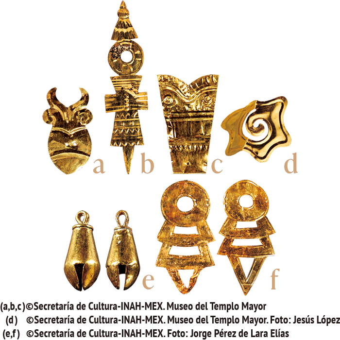 人の心臓形ペンダント、テスカトリポカ神とウィツィロポチトリ神の笏形飾り、
											トラルテクトリ神形飾り、巻貝形ペンダント、鈴形ペンダント、耳飾り