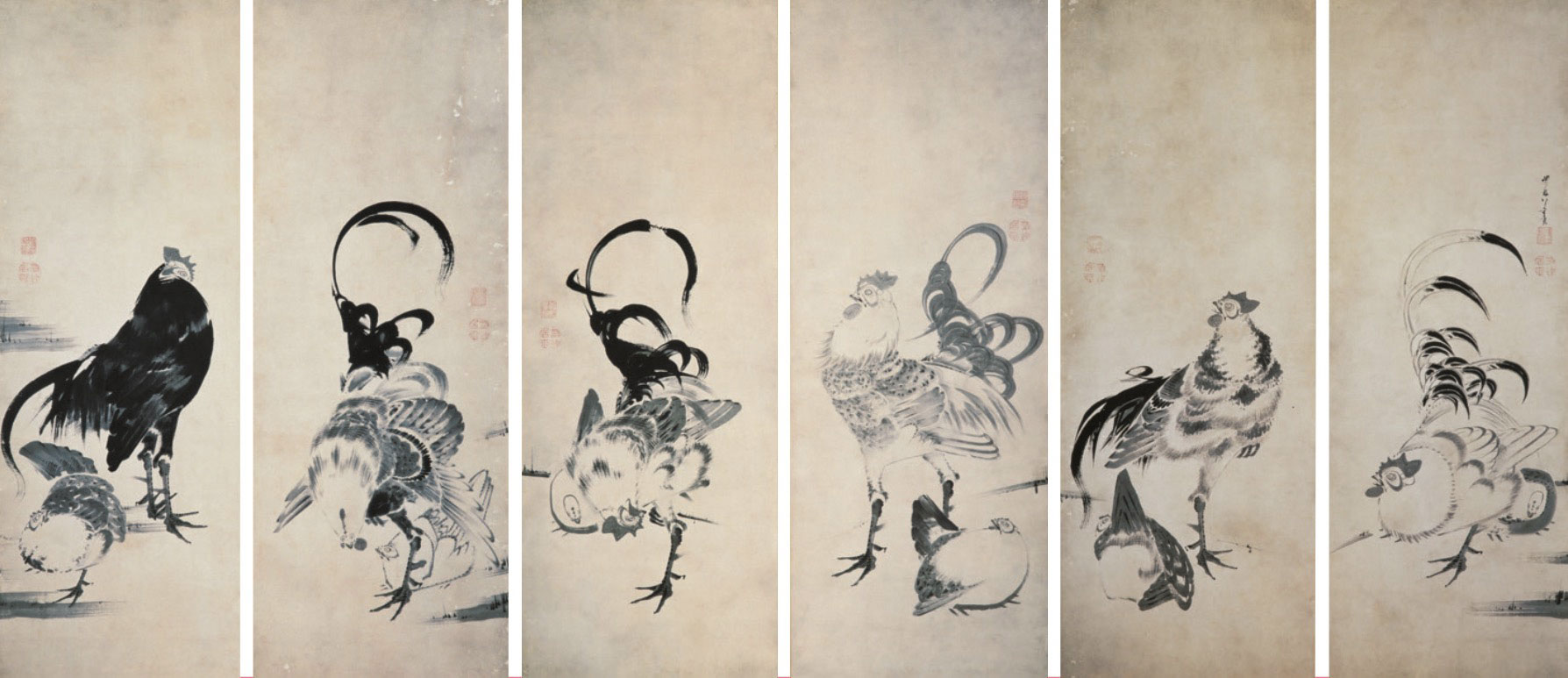 鶏図押絵貼屏風