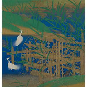 うるし絵彩色画 白い サギのいる風景