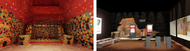 HMD向けVRコンテンツ「王塚古墳」イメージ図（左）と、展示イメージ図（右）